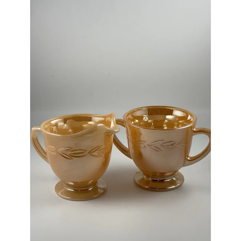 Anchor Hocking Fire King Peach Lustre Sheaves of Wheat Creamer and Sugar bowl